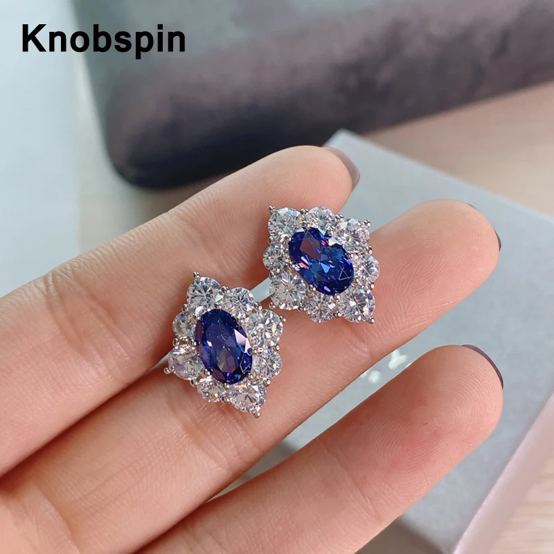 

Knobspin 100% 925 стерлингового серебра 6*9 мм сапфир овал полная бриллианты серьги для женщин Свадебные обручальные кольца вечерние ювелирные укра...