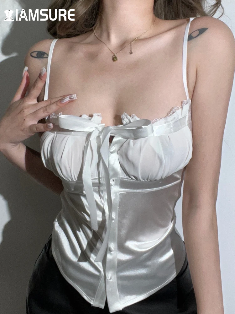 

IAMSURE Basic Solid Lace Trim Satin Cami Top Women 2022 Summer Sweet Cute Sleeveless White Tank Tops Ladies Casual Holiday Girls