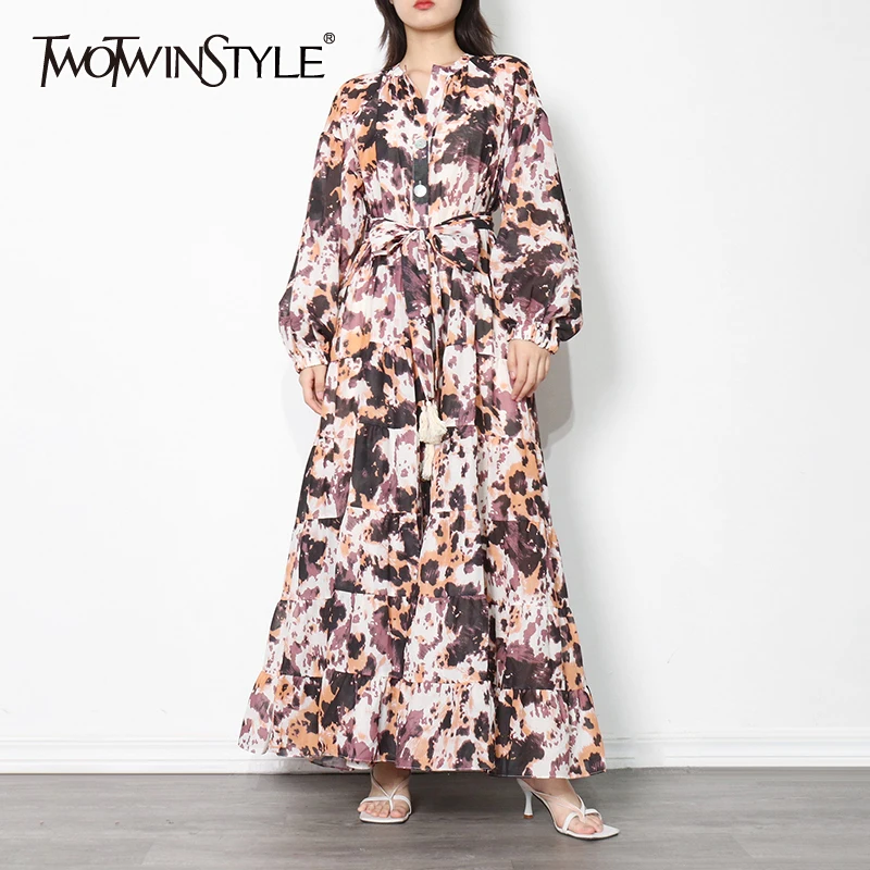 

Женское свободное платье TWOTWINSTYLE, винтажное платье с v-образным вырезом и длинным рукавом, с высокой талией и цветным блоком, осенняя Новинка
