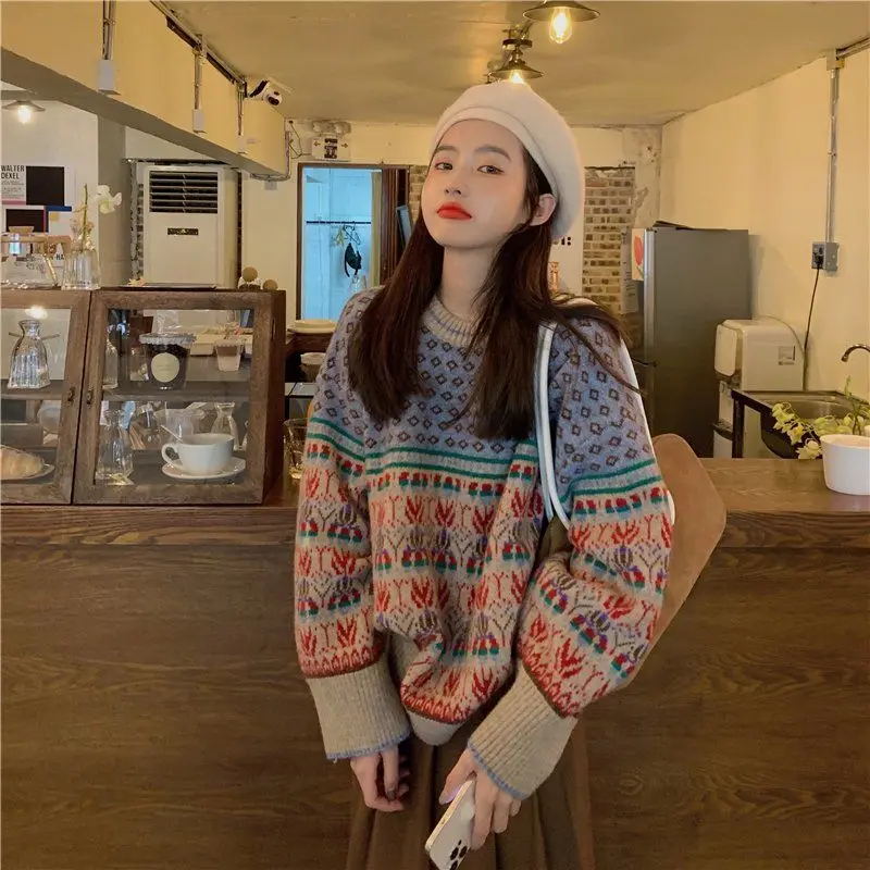 

ZAWAHIKI Japan Style Sweet Pullovers Vintage Autumn Winter Warm 2021 Print Sweaters Women Ins Fashion Pull Femme Loose