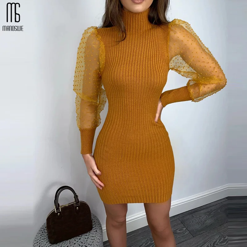 Женское Короткое платье в горошек Manoswe белое трикотажное средней длины с