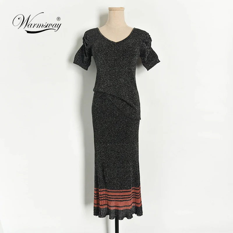 Брендовый Модный Блестящий Женский комплект с юбкой Летняя трикотажная футболка