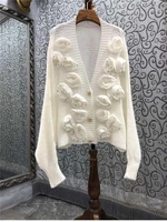 2021 autumn winter fashion cardigans high quality knitwear women appliques flower beading deco long sleeve casual cardigans coat