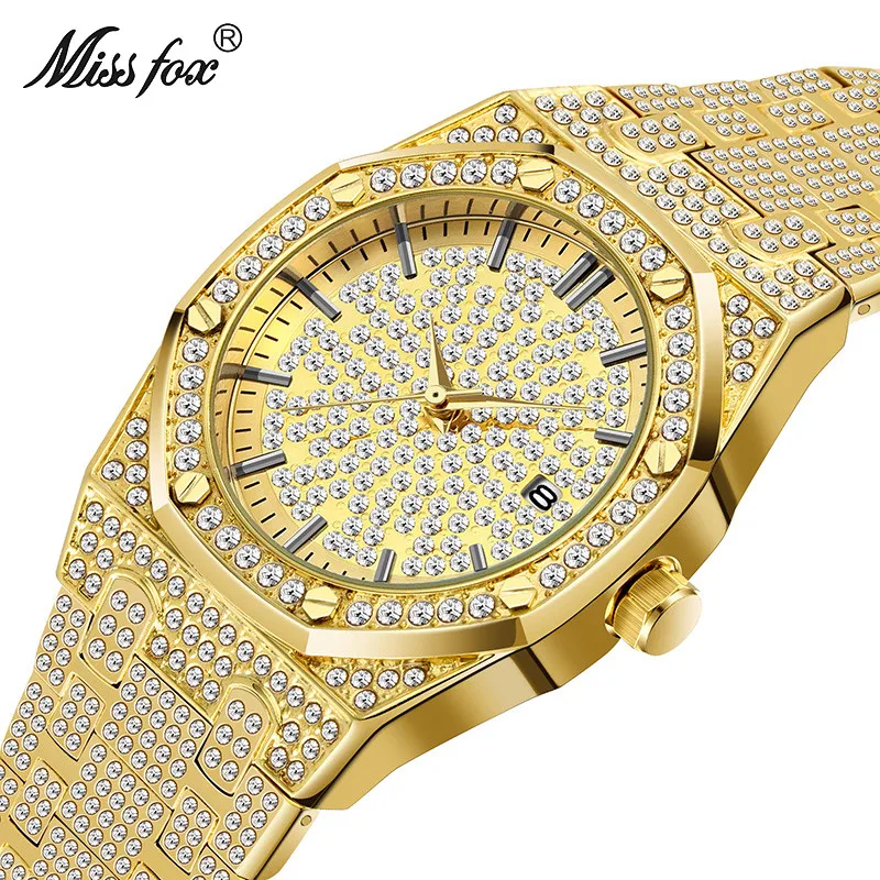 

New Brand Men's Watch Gold Hip Hop Calendar Gypsophila Orange Diamond Large Dial Waterproof Men's Watch Bracelet orologio uomo