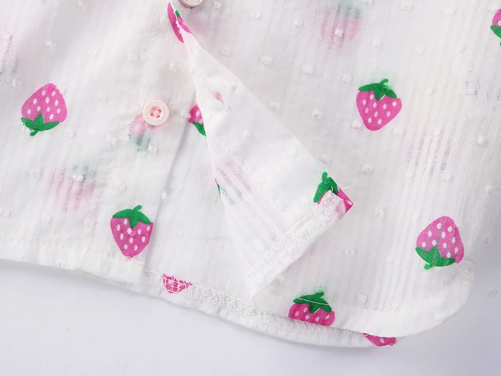 

Midoo Fairy 2021 Summer Girls Kids Children's Cotton Shirt Top Blouse Cute Strawberry Print Lace Short Sleeve Casual Clothes