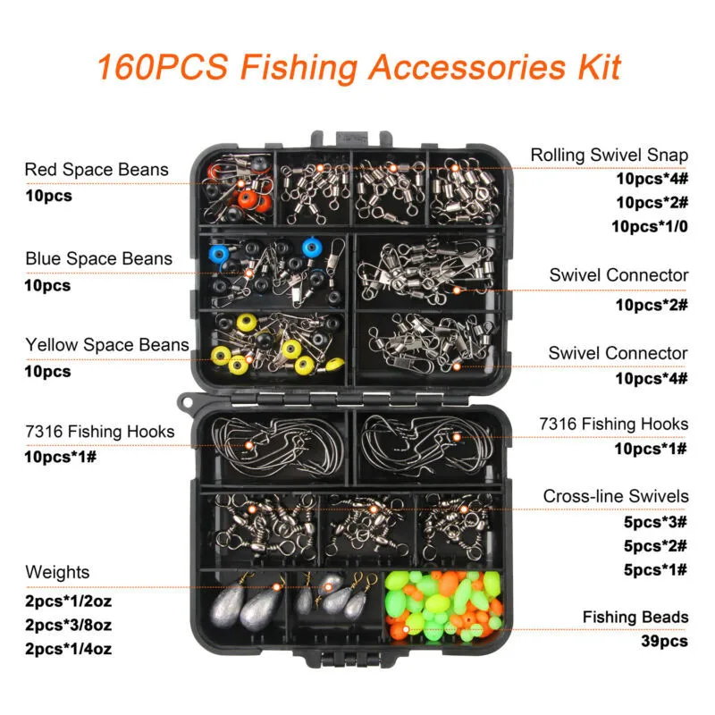 

160pcs Fishing Tackle Box Kit Swivels Snaps Sinker Weights Hooks Beads Accessory