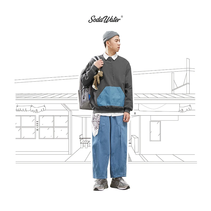 SODAWATER мужчкой контрастный цвет Толстовка 2019 FW Harajuku пуловер свободного кроя Для