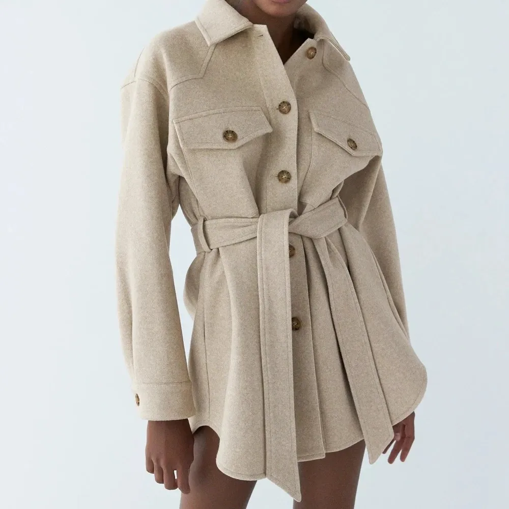 

Women Coat Fashion With Belt Loose Woolen Jacket Coat Vintage Long Sleeve Side Pockets Female Shirt Outerwear Chic Overcoat