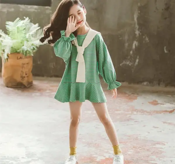 

Cultiseed Girl Autumn Striped Bow Neck Dress Big Children Girls Long Sleeve Ruffles Dress Kids Korean Cute Party Dresses