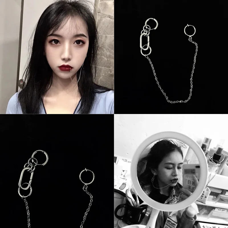 

Punk Style Cool Personality Nose Chain Fake Earrings Lip Ring With Long Chains Trendy Piercings Earring Ear Clip Body Jewelery