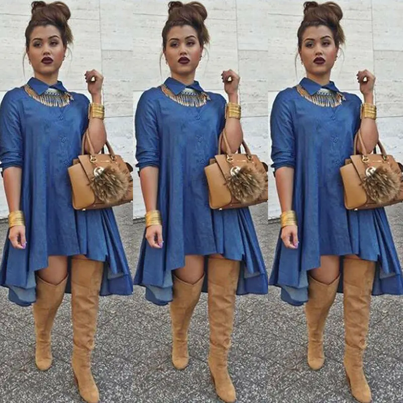 2019 Retro Fashion Ladies Women's Blue Jeans Denim T-Shirt Long Sleeve Casual Loose Shirt Dress Blouse Jumpsuit | Женская одежда