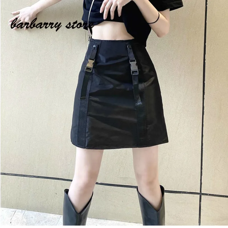 

luxury brand solid color splicing fashion women's short skirt high waist slim half skirt casual versatile leather A-line skirt