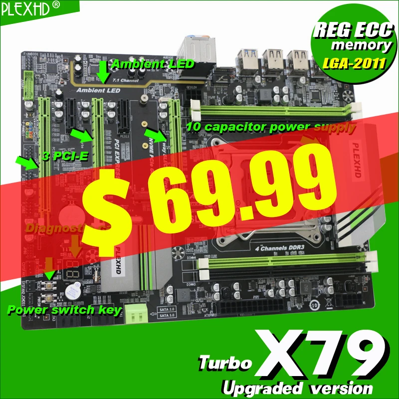 PLEXHD X79 Turbo материнская плата LGA2011 ATX USB3.0 SATA3 PCI-E NVME M.2 SSD поддержка памяти REG ECC и процессор Xeon E5