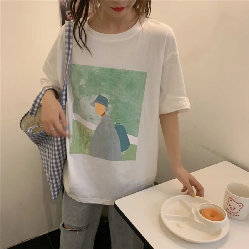 

2021 New Summer Cartoon Print Loose Large Edition Short Sleeve T-shirt Blouse