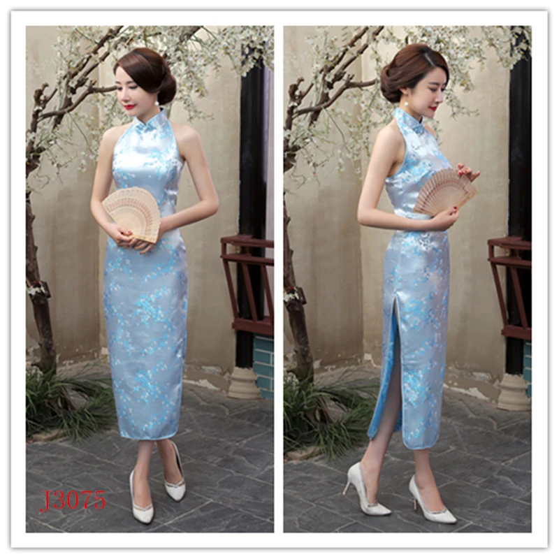 Color7 Женское сексуальное китайское традиционное Cheongsam Дракон и Феникс цветочное Qipao атласное платье на бретелях женское свадебное элегантное платье Ципао с разрезом - Цвет: Color7