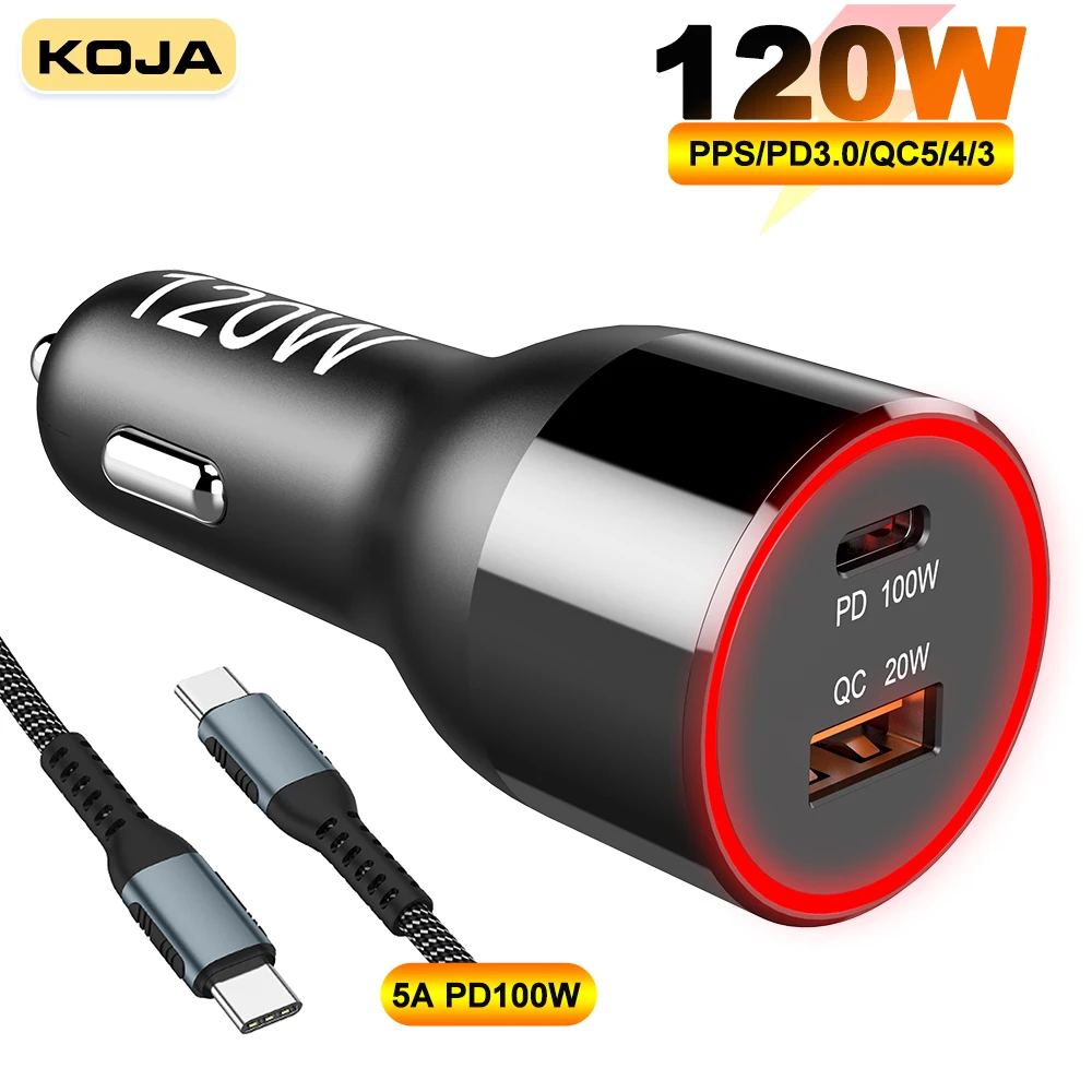 

120 Вт автомобильное зарядное устройство USB C Quick Charge 3,0 Быстрая зарядка PPS AFC 2-Port PD 100 Вт 65 Вт 45 Вт для Macbook Ipad IPhone 12 Samsung Xiaomi