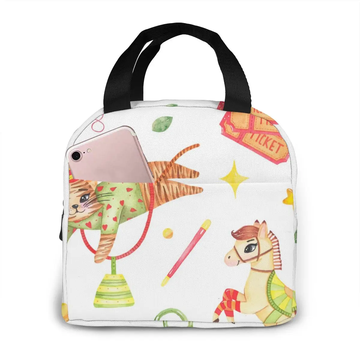 

Watercolor Circus Animal Lunch Bag Portable Insulated Thermal Cooler Bento Lunch Box Tote Picnic Storage Bag Pouch