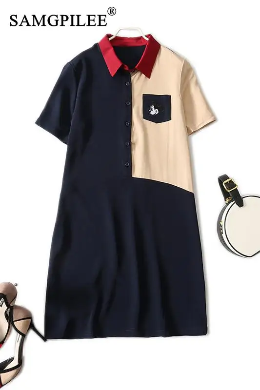 

Summer Clothes For Women 2021 New Office Lady A-line Patchwork Short Sleeve Knee-length Empire Turn-down Collar Woman Dresses