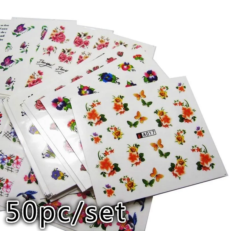 

50sheets/лот продвижение микс стилей с цветочным переводятся с помощью воды, наклейки для ногтей, переводятся на ногти