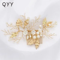 qyy handmade bridal pearl hair comb hair accessories for women crystal wedding jewelry party gold rhinestone bride headpiece