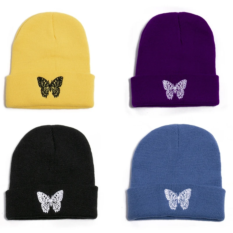 

Women Men Autumn Knitted Beanie Hat Cartoon Butterfly Embroidered Solid Color Harajuku Hip Hop Warm Cuffed Skull Cap