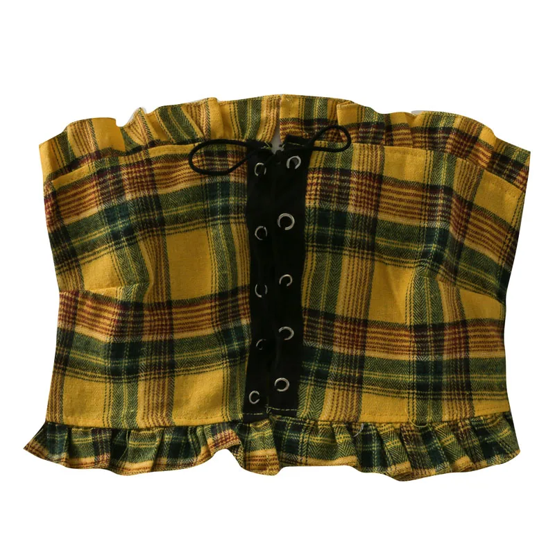 

Короткий укороченный клетчатый топ на шнуровке с запахом на груди