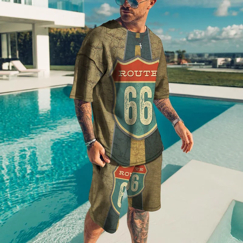 

US Highway 66 Summer 3D Printing Men's T-shirt Shorts Set Men's Sportswear Crew Neck Shirt O-Neck Short Sleeve Set