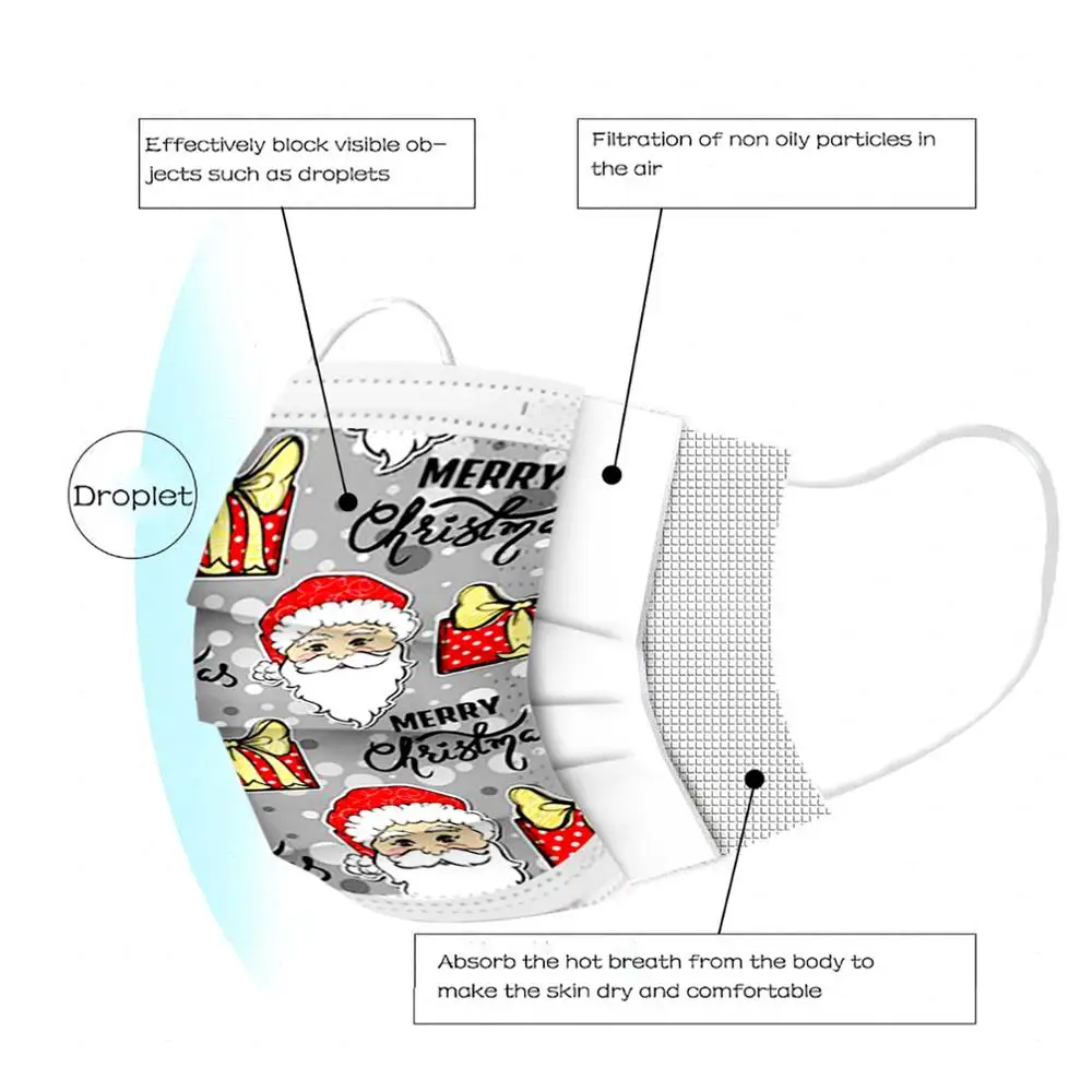 

50/100pcs Christmas Disposable Non wove 3 layer Ply Adult mask Filter Dust-proof mascarillas Navidad Mask breathable Face Masks
