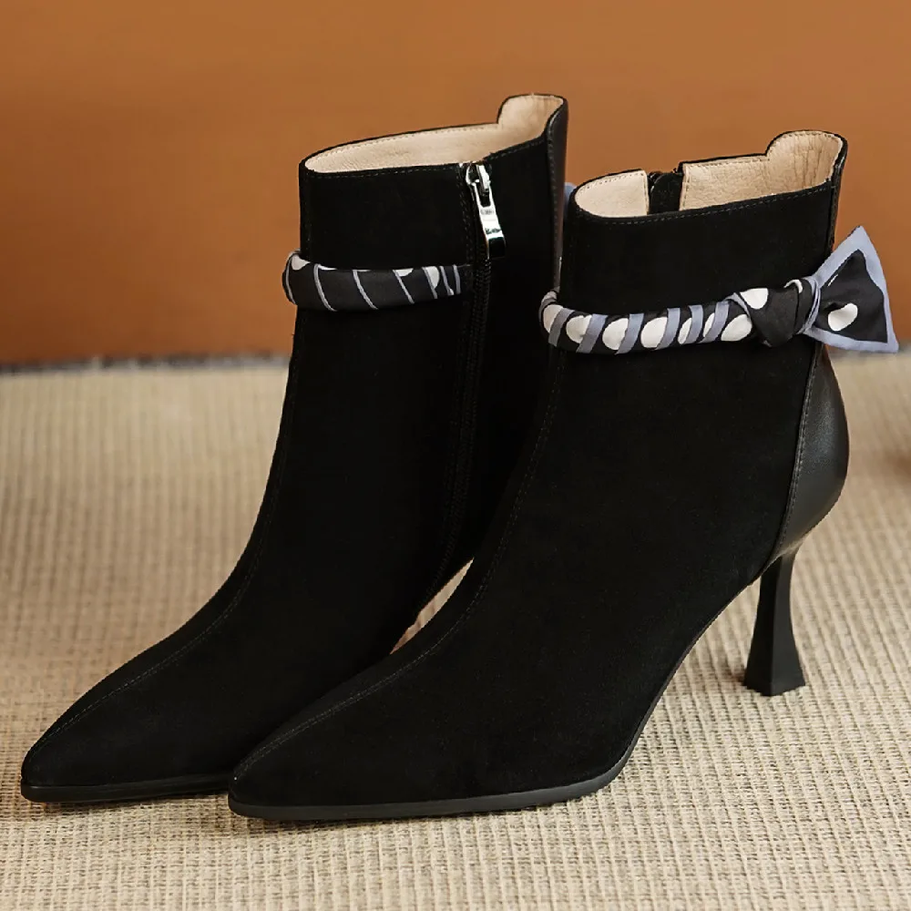 

Женские замшевые кожаные Лоскутные ботильоны на высоком тонком каблуке с острым носком и боковой молнией, Элегантные Осенние ботинки с рем...