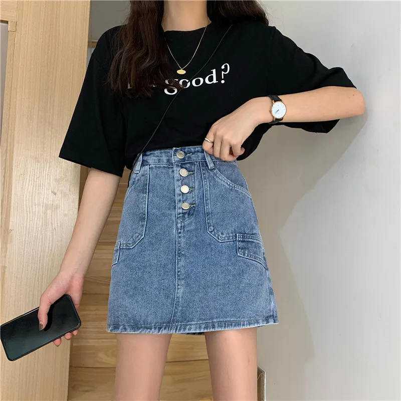 

Женские джинсовые юбки TingYiLi, летняя синяя, черная, бежевая джинсовая юбка с высокой талией, корейская школьная трапециевидная короткая мини...