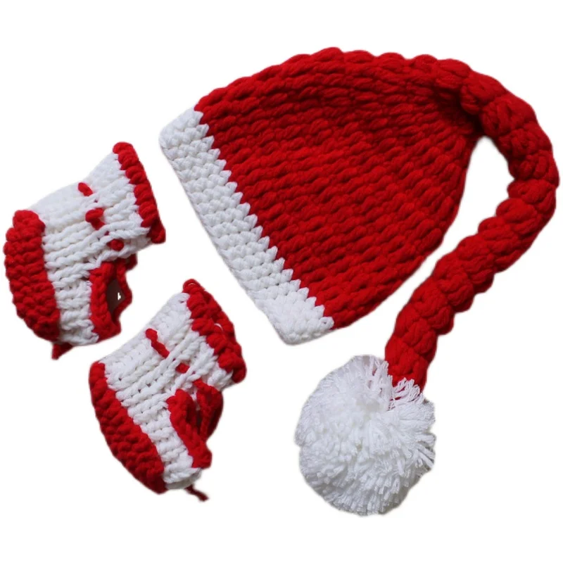 

Newborn Photography Clothing Crochet Christmas Hat+Shoes Set Baby Photo Props Accessories Infant Shoot Knitted Cap Fotografia