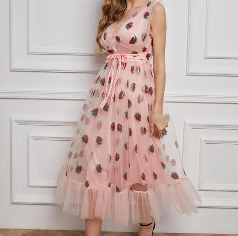 

Sweet Strawberry Sequined Embroidery Cascading Ruffle Maxi Dress Women Summer V-neck Puff Sleeve Bow Pink Tulle Mesh Long Dress