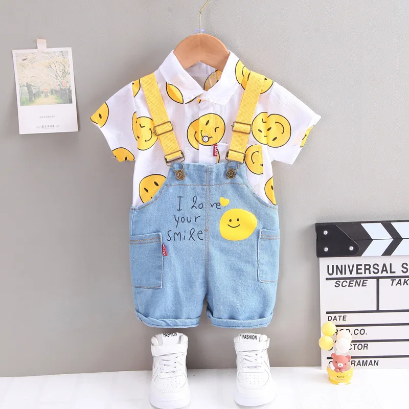 

Boys Short-Sleeved Suit 2021 New 1-4 Years Old Children's Cotton Casual Korean Summer Shirts Denim Overalls Pants Tracksuit