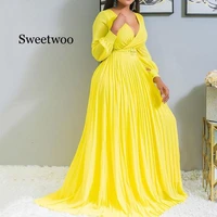 new arrival 2020 fashion bright yellow women pleated long dress sexy v neck lantern sleeve high waist elegant temperament dress