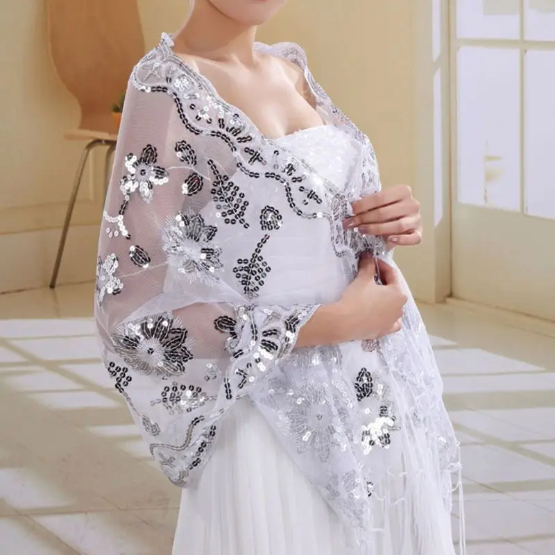 

New Bride Wedding Dress Women Cheongsam Shawl White Lace Embroidered Sequins Long Shawls