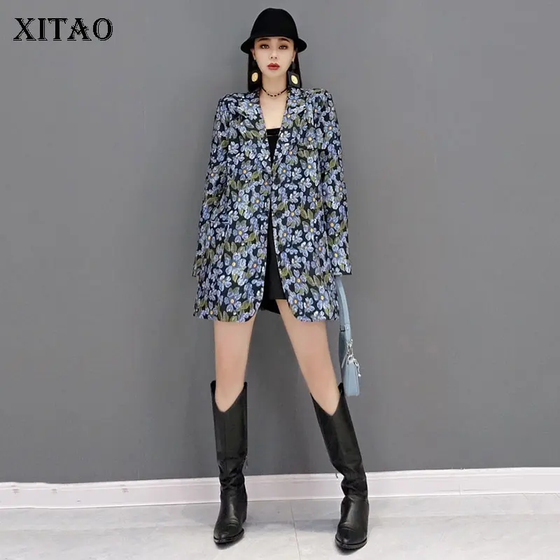 

XITAO/модный блейзер с принтом, с одной грудью, с длинным рукавом, богиня, веер, повседневный стиль, свободное, 2021, осеннее пальто, GWJ0609