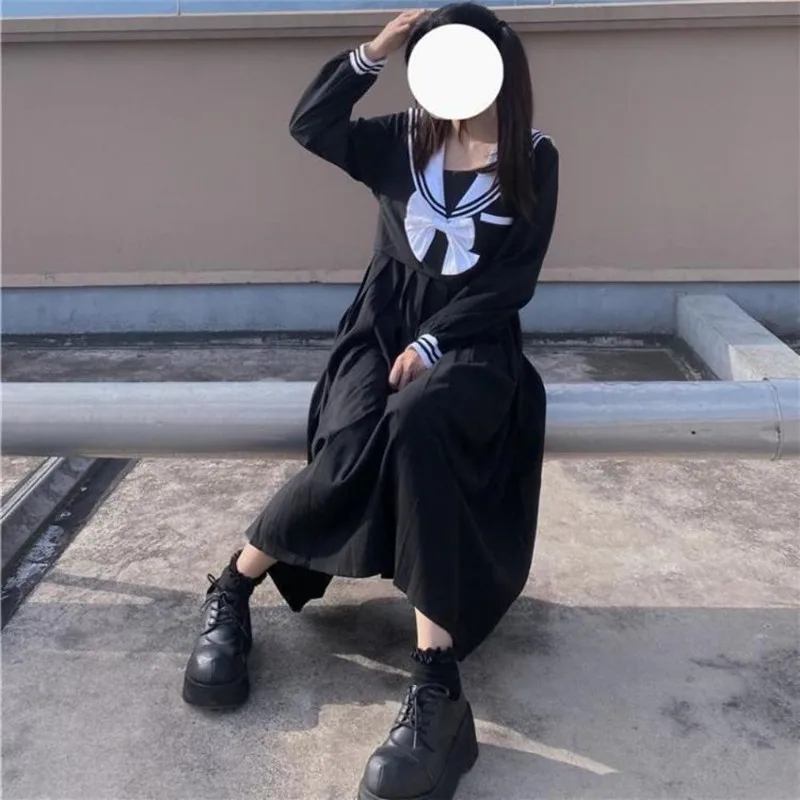 

Japanese Style Genuine Jk School Uniform for Ladies Summer Black Long Sleeve Navy Neck Bow Uniform Suits Fashion Folds Dresses