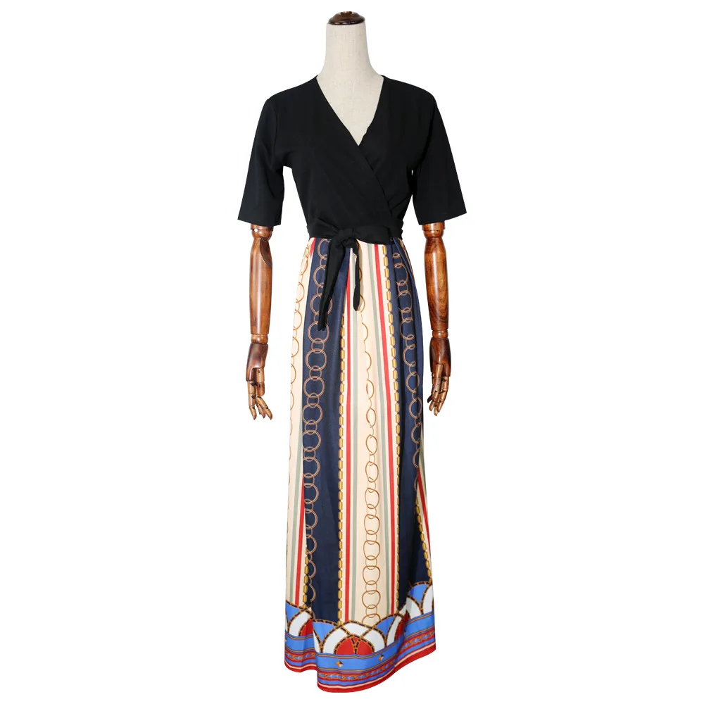 

Autumn African Women's Large Size Fashion Sexy Fabric Luxury V-neck Printed Five-point Sleeve Dress Elegant Ladies Dress