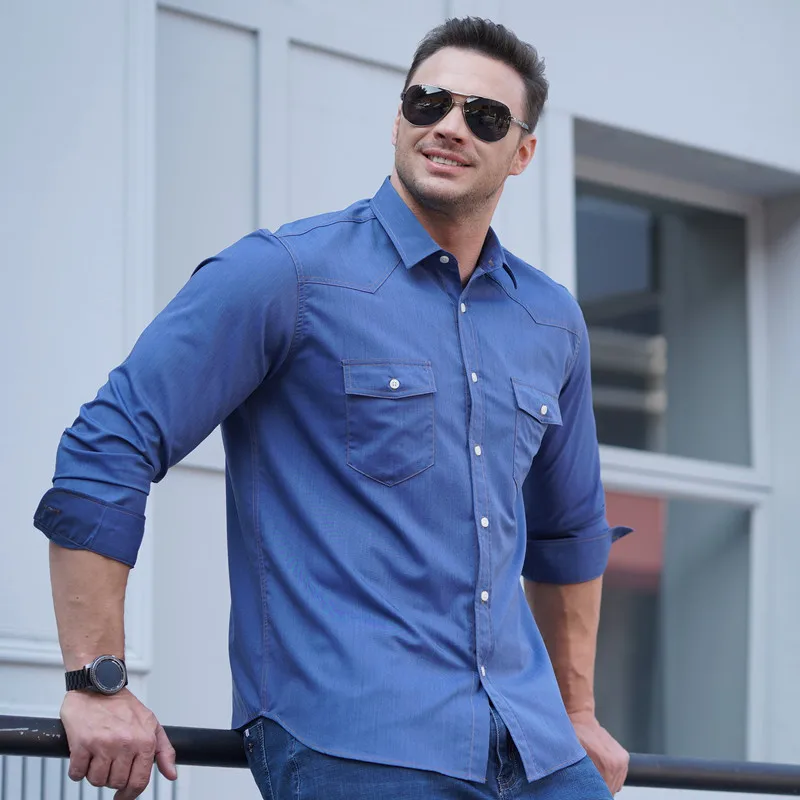 

Men's Shirt Long Sleeved Solid Denim Shirt Large Size 4XL 5XL 6XL Men Business Shirt Casual Long Sleeved Oversize Shirt Рубашка