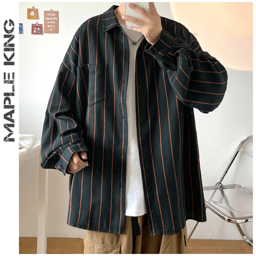 

Рубашка мужская в винтажную полоску, модная Повседневная Блузка в Корейском стиле, топ в стиле оверсайз, одежда в стиле хип-хоп, свободная ул...