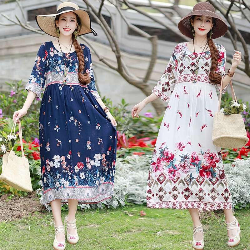 

cotton linen vintage floral women casual loose long summer dress elegant vestidos clothes 2020 ladies dresses sundress 233
