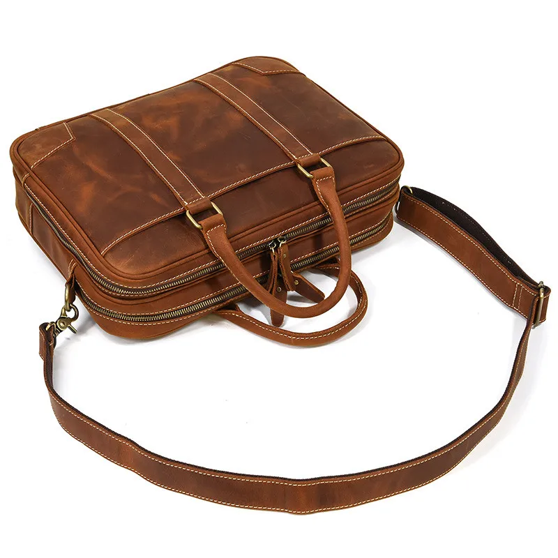 Vintage natural crazy horse cowhide men briefcase double compartment 2 zipper laptop handbag work genuine leather messenger bag