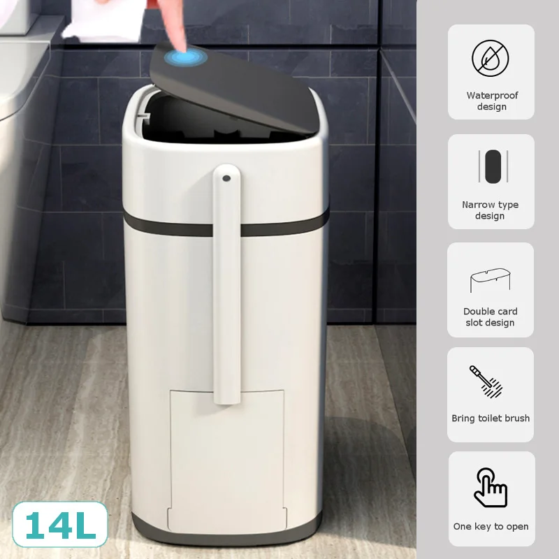 

Toilet Trash Can with Lid 14L Narrow Slot Waste Bin Household Waterproof and Odor-Resistant Toilet Brush Rubbish Can Integrated