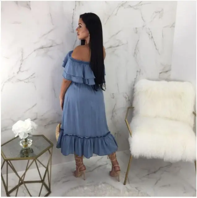 Женское платье из джинсовой ткани с открытыми плечами и воланом Новинка лета 2021