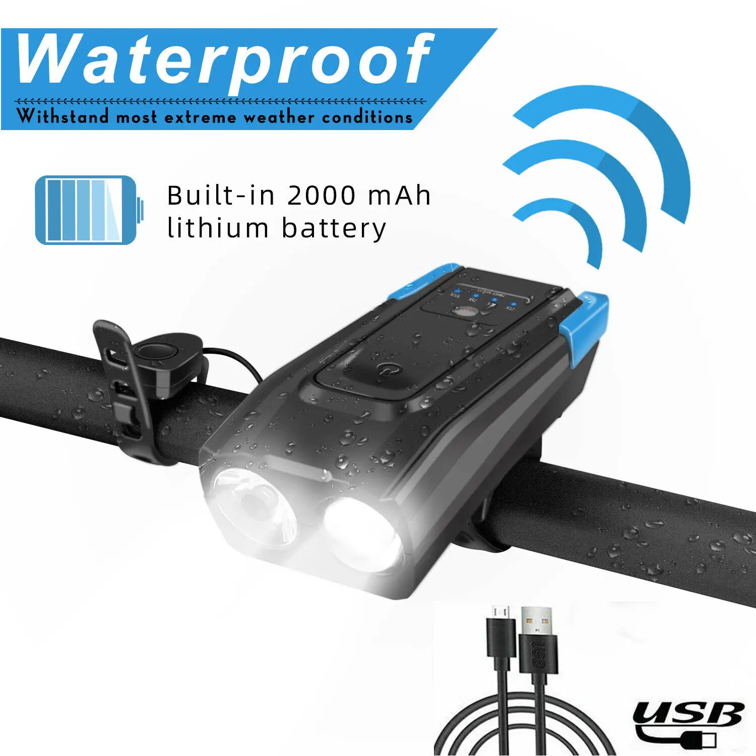 

Передсветильник светодиодный фсветильник для велосипеда с зарядкой от USB и звуковым сигналом