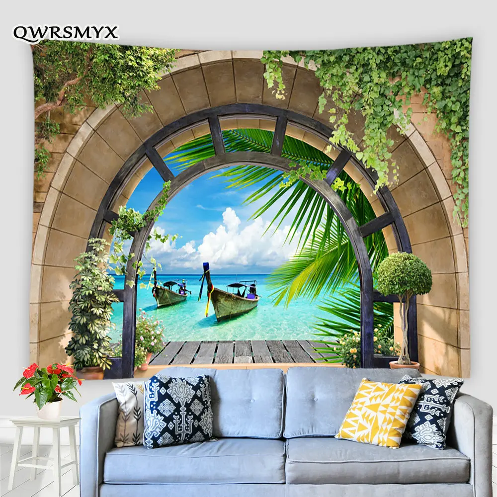 

Каменная конструкция, свод океана, лодки, искусственная эстетика, настенный подвесной декор для гостиной, спальни, спальни, настенные гобел...