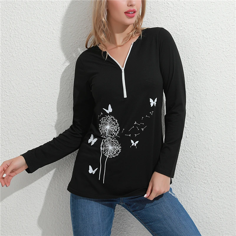 

Women Tops Fashion Printed Long Sleeve T-Shirt Ladies Casual New Loose Zipper Decor Tee Shirt For Female Clothing 2021 Autumn