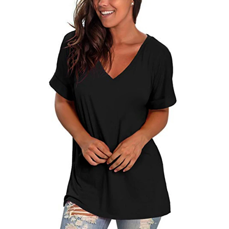 

Women Basic T Shirts V-neck Rolled Short Sleeve Loose Summer Casual Tops -MX8