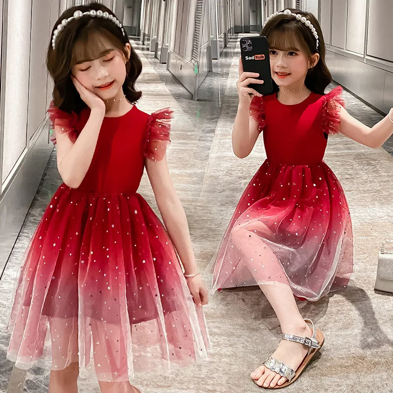 

Children's Dance Skirts Girls' Summer New Products Performance Clothes Big Kids Starry Sky Mesh Dress GD23