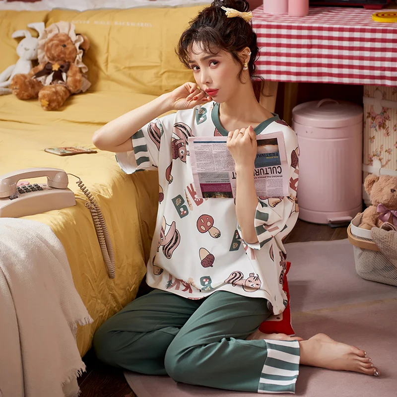 

BZEL Large Size Women's Cotton Sleepwear Short Sleeves Long Pants Pajamas Set Cute Cartoon Squirrel Pijamas Loose Comfort Nighty
